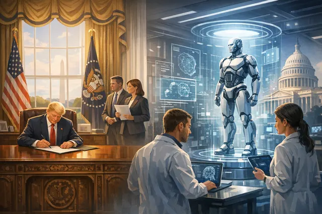 Editorial illustration representing AI policy oversight, cybersecurity vetting, and the U.S. technology competition with China
