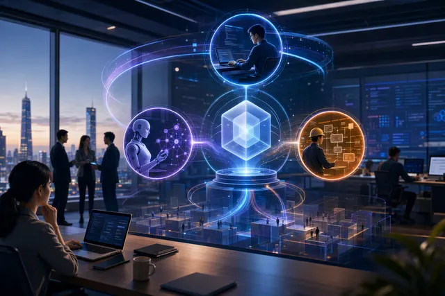 Illustration of a unified enterprise AI work platform connecting desktop, cloud and collaboration tools