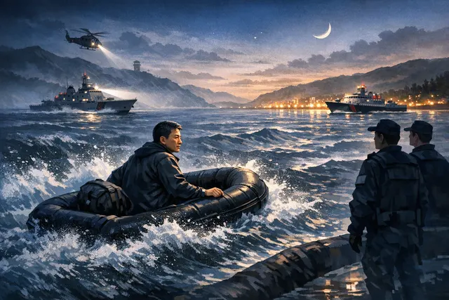 Conceptual illustration of a small rubber boat on dark open sea with a distant coastline, symbolizing Dong Guangping’s dangerous escape from China to South Korea