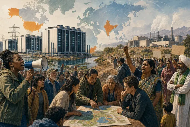 Editorial illustration of public opposition to AI data-center expansion