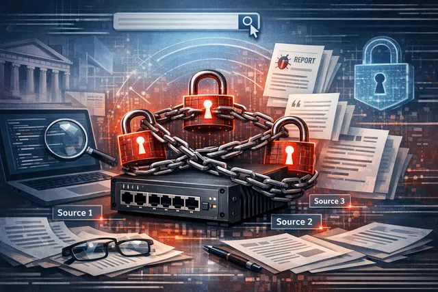 Illustration of a three-stage cyberattack chain targeting an industrial network switch, representing the Siemens RUGGEDCOM ROX II zero-day vulnerabilities.