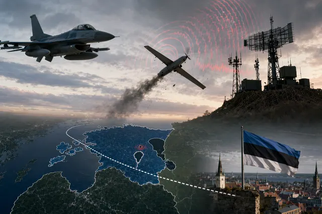 Illustration of drones crossing Baltic airspace with NATO fighter interception
