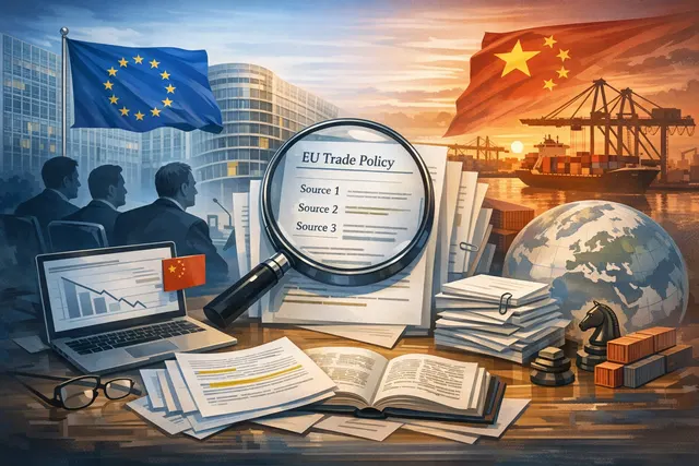 European Union flag and China flag on a conference table with documents, representing EU-China trade negotiations