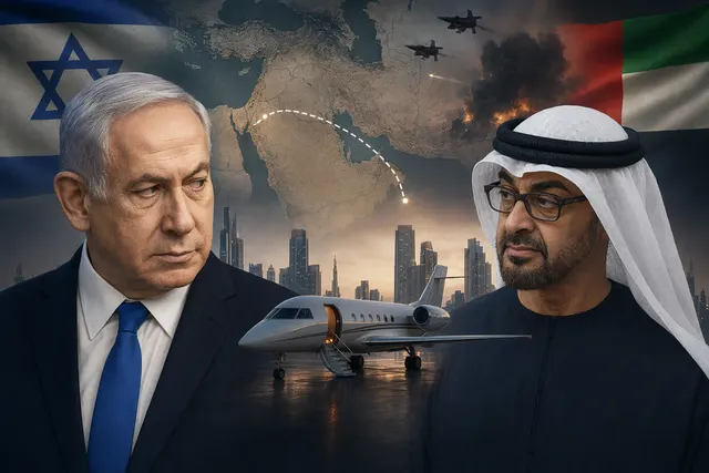 Illustration representing the diplomatic dispute over Netanyahu’s alleged secret visit to the UAE during the Iran war