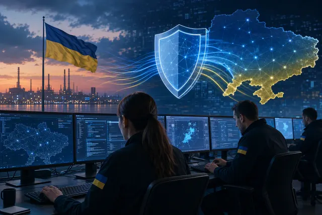 AI-generated editorial illustration for a story about Ukraine’s civilian cyber defense and OpenAI Daybreak