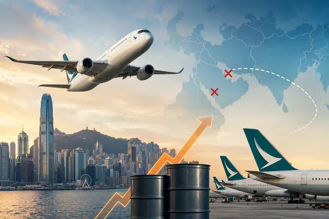 Cathay Pacific aircraft representing route suspensions and airline network changes during Middle East tensions in 2026