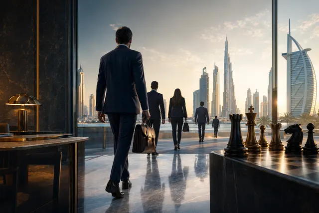 Editorial illustration of private bankers and wealth management competition in the Middle East