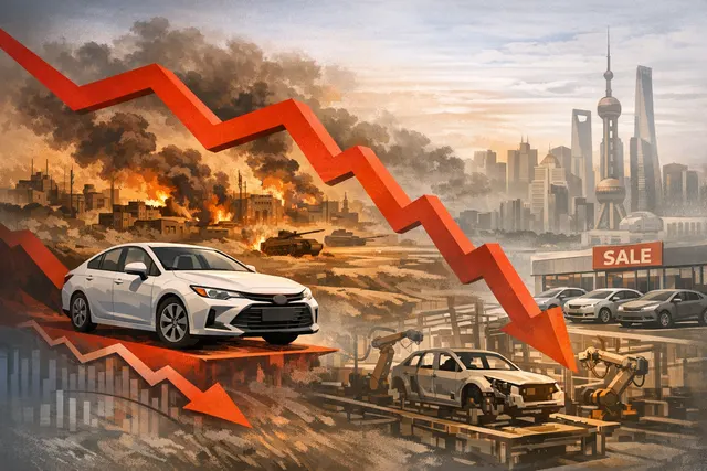 Toyota's global sales decline visualized with falling graph lines over a map showing the Middle East and China highlighted.
