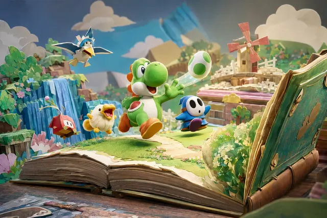 Yoshi exploring a magical storybook world in Yoshi and the Mysterious Book on Nintendo Switch 2