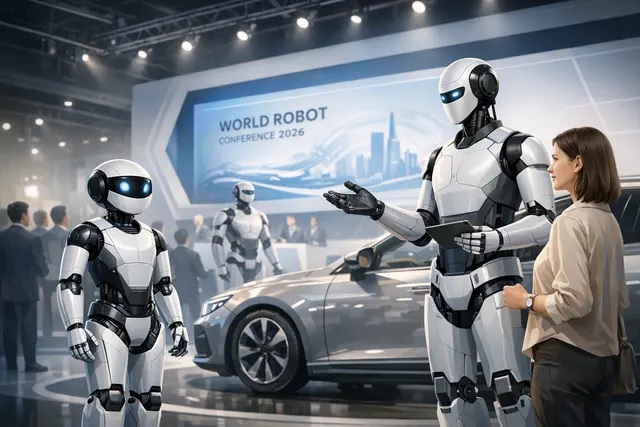 AI-generated illustration of a compact humanoid robot demonstrating mobility and customer service at an automotive exhibition