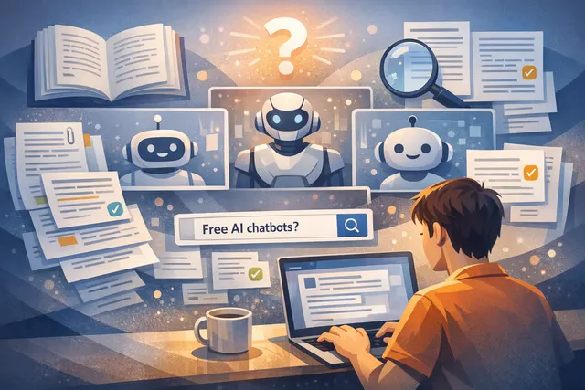 Conceptual illustration of various AI chatbot icons floating around a green checkmark labeled 'Free'