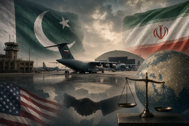 AI-generated editorial illustration of military aircraft on an air base runway symbolizing the Nur Khan Air Base allegation and Pakistan’s U.S.-Iran mediation role