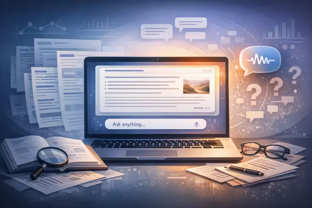 Illustration of Google Search with an expanded AI Overview, an Ask anything prompt, and traditional links pushed lower on the page