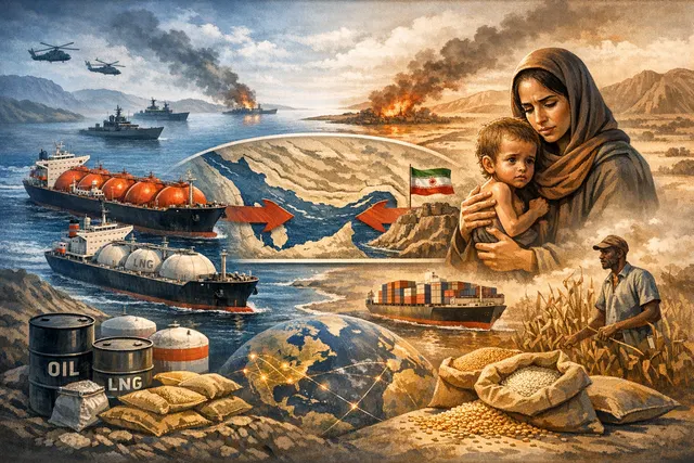 Global food security crisis visualization showing the Strait of Hormuz blockade impact on fertilizer supply chains and hunger projections for 2026