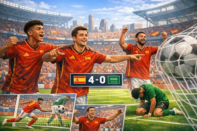 Spain players celebrating during their 4-0 win over Saudi Arabia at the 2026 World Cup, with Lamine Yamal and Mikel Oyarzabal in view.