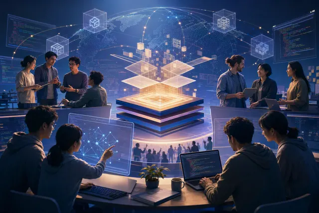 AI-generated editorial illustration accompanying an article about Huawei’s Ascend CANN developer community