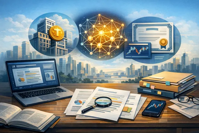 Abstract digital illustration representing tokenized equities on blockchain networks, with interconnected nodes, rising charts, and financial symbols.
