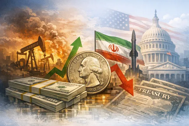 Editorial illustration of the U.S. dollar, Treasury bonds and Bitcoin amid Iran sanctions and fiscal concerns