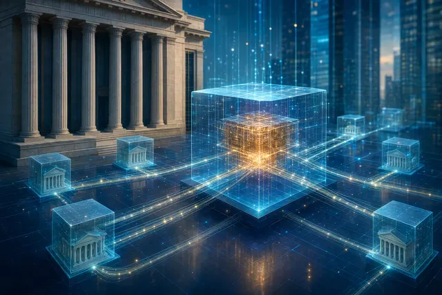 Illustration for a report on Quant’s selection for The Clearing House’s planned tokenized-deposit network and the QNT rally