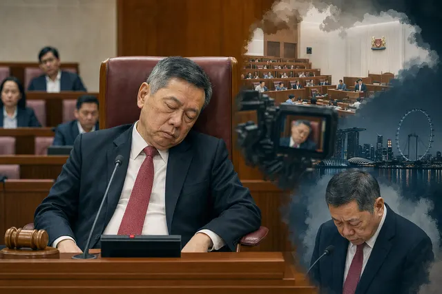 AI-generated editorial illustration accompanying a report on Singapore Speaker Seah Kian Peng’s apology