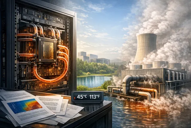 An AI-generated conceptual image of a data center server rack with blue liquid cooling tubes, representing Nvidia's warm-water liquid cooling technology for the Rubin platform.