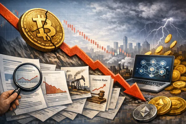 Bitcoin and Ethereum price charts showing decline from 2025 peak to 2026 lows, with CLARITY Act legislative timeline overlay