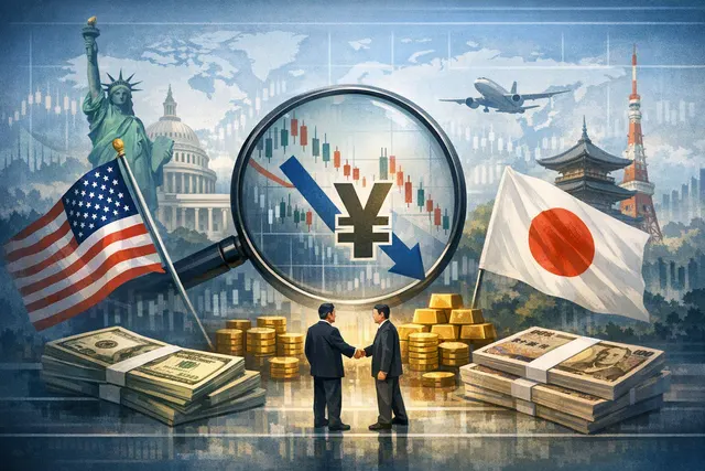 Illustration of U.S. dollar and Japanese yen banknotes with a balance scale and a downward-trending chart showing USD/JPY exchange rate against a financial news background