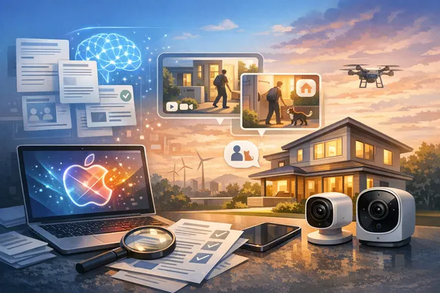 Apple Home app interface on iPhone showing AI-generated video descriptions and natural-language search for HomeKit Secure Video cameras in iOS 27