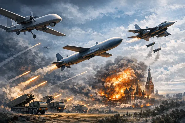 Illustration of drones and Flamingo cruise missiles flying toward industrial targets during Ukraine’s long-range strike campaign against Russia