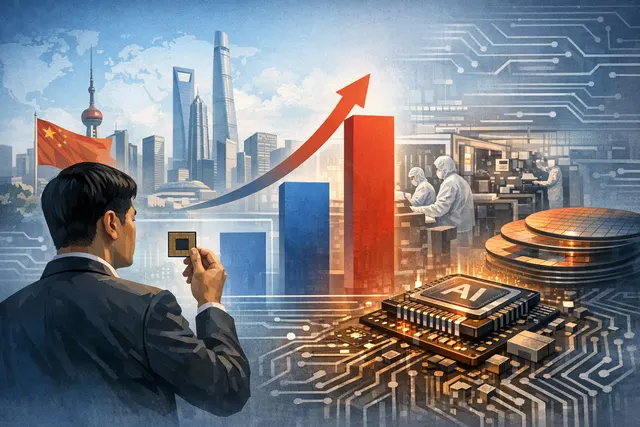 A stylized illustration showing a Chinese semiconductor wafer with Huawei Ascend and domestic chip labels, set against a backdrop of server racks and data center infrastructure, sy