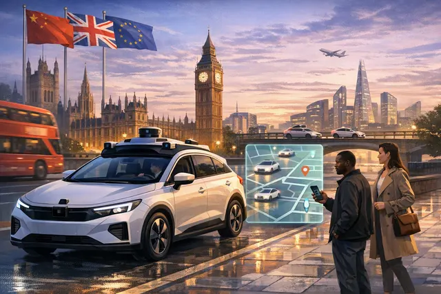 Illustration of a Baidu Apollo Go RT6 robotaxi testing on London streets