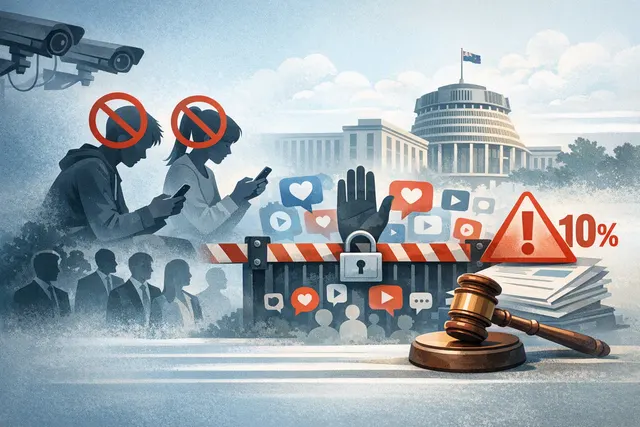 Illustration of a smartphone and social-media icons representing New Zealand’s proposed ban on social-media accounts for children under 16