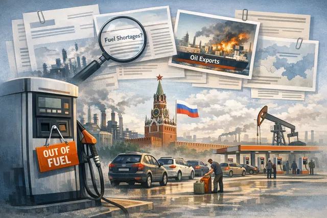 AI-generated image depicting a long queue of cars at a gas station in Russia with a dark, smoky sky, representing the 2026 fuel crisis.