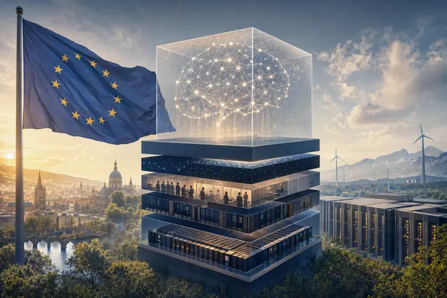 Editorial illustration representing European AI infrastructure and open-weight model deployment