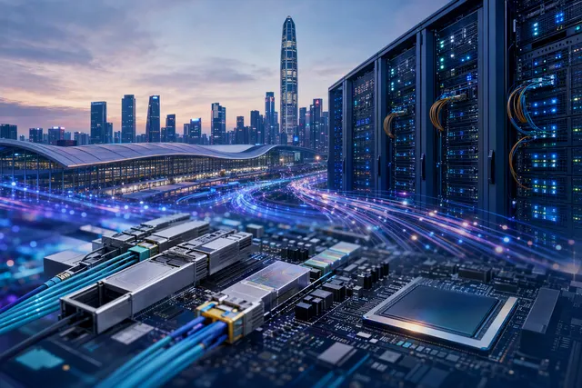 Illustration of high-speed optical interconnects linking AI data-center servers