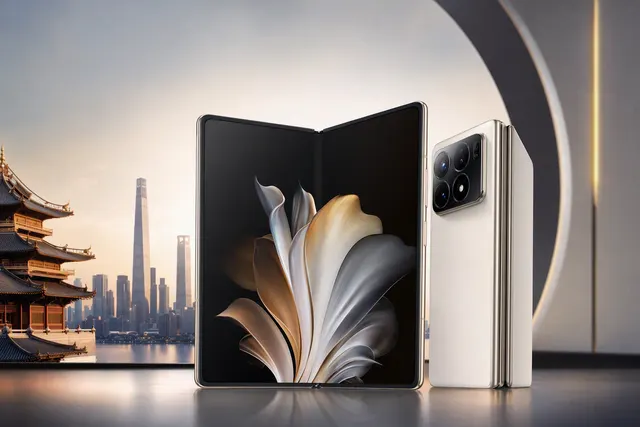 Editorial illustration of the Xiaomi 18 Fold, a wide book-style foldable smartphone