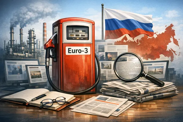 Graphic illustration of a fuel pump nozzle against a backdrop of oil refinery infrastructure and drone silhouettes, representing Russia's fuel crisis driven by Ukrainian drone stri