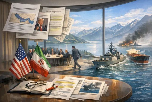 A dramatic scene of diplomatic tension at the Bürgenstock resort in Switzerland, showing delegates at a negotiating table with the Swiss Alps visible through the window.