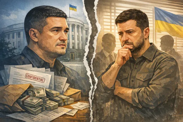 Editorial illustration of Ukraine’s corruption and political crisis involving Volodymyr Zelensky and Mykhailo Fedorov