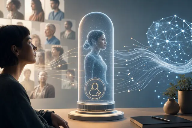 Editorial illustration representing AI agents accessing human perspectives through digital twins