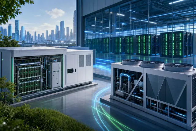 Illustration accompanying an article about battery storage and liquid cooling for AI data centers