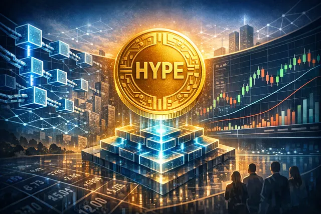 Conceptual illustration of Hyperliquid's DeFi exchange ecosystem with HYPE token, ETF pipeline, and trading volume metrics