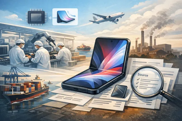 Futuristic rendering of a foldable iPhone Ultra with a large inner display and thin profile, surrounded by supply chain and production-related icons and data points.