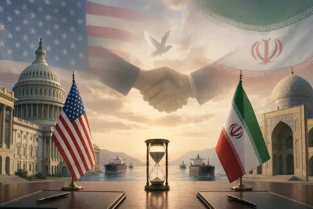 Illustration representing U.S.–Iran ceasefire negotiations involving the Strait of Hormuz and nuclear talks