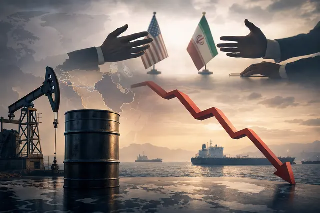 Editorial illustration representing oil markets and U.S.–Iran diplomacy