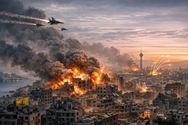 Smoke rises over Beirut's southern suburbs after an Israeli airstrike on Hezbollah command centers in the Dahiyeh district, with missile trails visible in the sky above Israel.