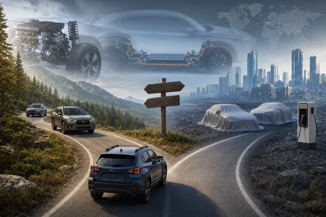 Illustration of a Subaru vehicle transitioning from gasoline to hybrid and electric technology