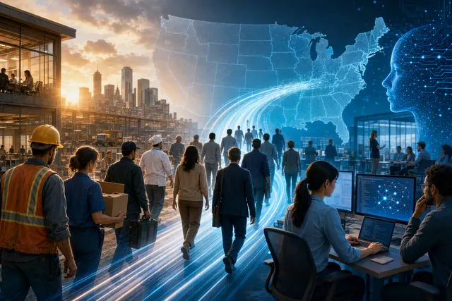 Editorial illustration about AI-driven job transitions in the U.S. workforce