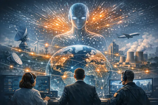An abstract visualization of AI cybersecurity capabilities, representing Anthropic's Claude Mythos model finding vulnerabilities on a global digital grid.