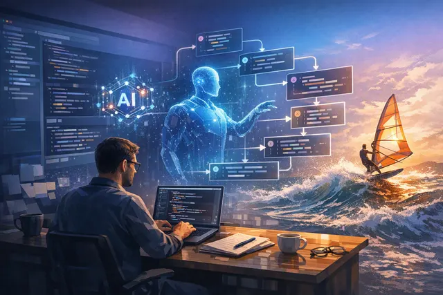 Abstract editorial illustration of an AI coding agent working across a software project